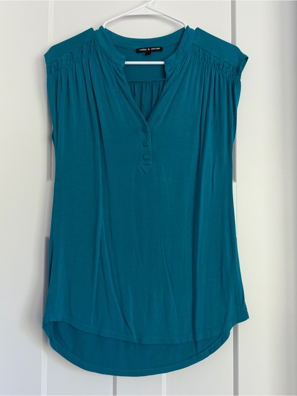 Cable and Gauge Teal Cap-Sleeve Henley Top